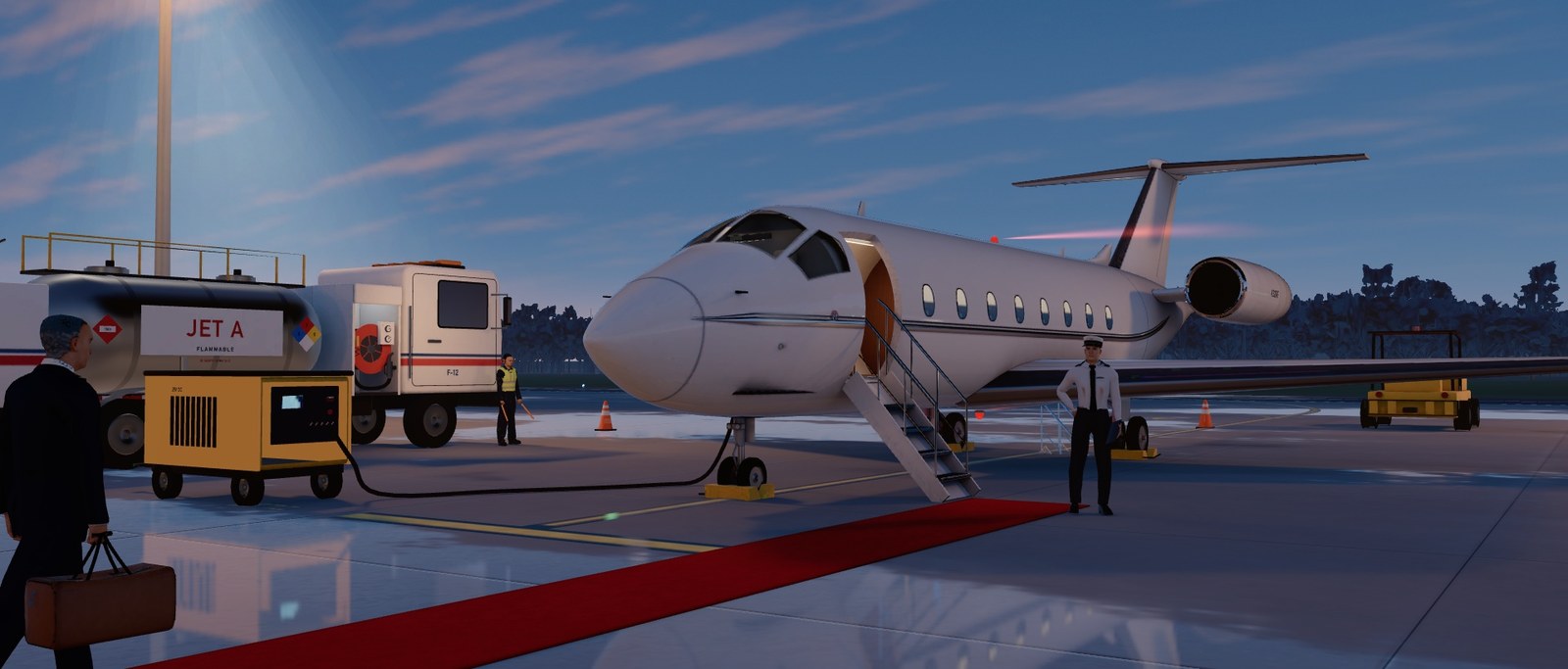 A Kestrel Air private jet on the ramp at dusk: a guest walks out with his bag, a fuel truck, the airstair, and the captain waiting