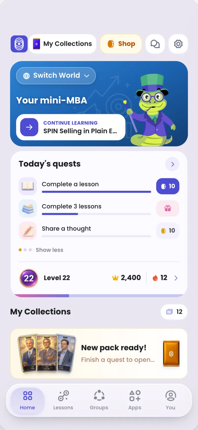 Astra Trainer app home with a goal set: Your mini-MBA, continue learning SPIN Selling in Plain English, today's quests, level 22 with 2,400 points and a 12-day streak, and a new card pack in My Collections