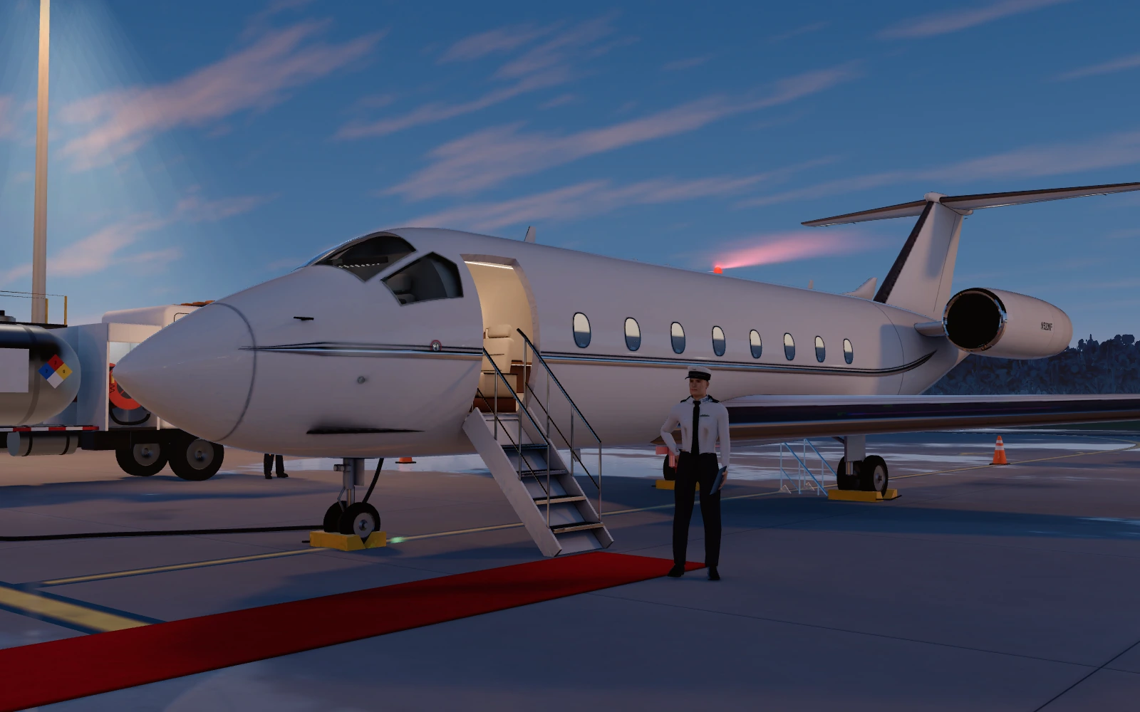 The 3D demo: an airport ramp at dusk with a private jet, rendered live in the browser
